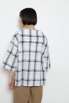 ◆セーラーカラー綿麻チェックブラウス（０７７２１１０５０７）