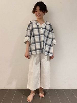 ◆セーラーカラー綿麻チェックブラウス（０７７２１１０５０７）
