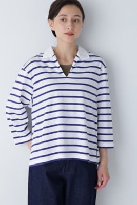 【SALE】human woman (Women)/ヒューマンウーマン ハイゲージボーダー襟付カットソー(0773260801) ホワイト トップス【三越伊勢丹/公式】