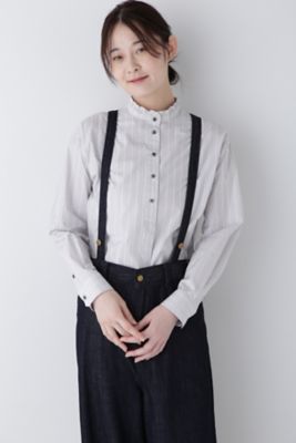 ◆スタンドフリルストライプブラウス（０７７４２１０９０５）