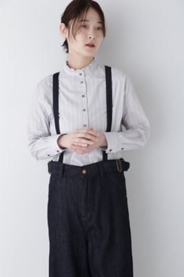 ◆スタンドフリルストライプブラウス（０７７４２１０９０５）