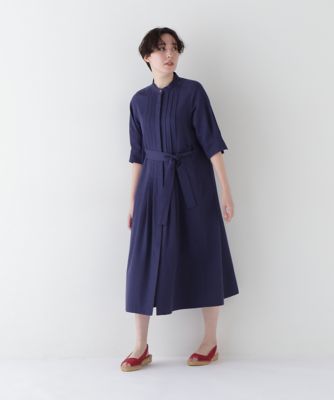 ◆コットンヘンプサテンハーフスリーブバンドカラーワンピース（０７７５１４０４０１）