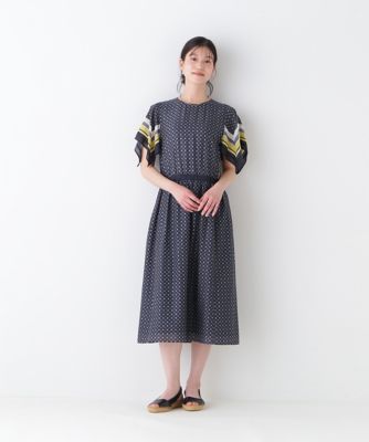 ◆コットンセルロースパネル幾何プリントフレアスリーブワンピース（０７７５１４０６００）