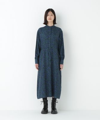 プチフラワープリントブラウジングバンドカラーワンピース