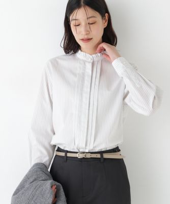 ＜human woman (Women)＞◆《ウォッシャブル》先染めストライプスタンドフリルブラウス（０７７６１１０２０３）