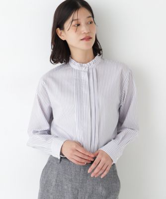 ◇先染めストライプスタンドフリルブラウス（0776110203
