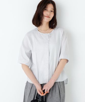 洗える》リネンコットンシャンブレー タックスリーブブラウス