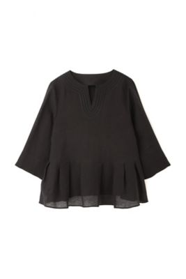 【美品】アドーア ADORE リネンブラウス　カットソー　バッグボタン 半袖　黒 ライトリネンブロードコード刺しゅうカフタンブラウス