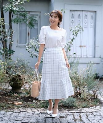《大きいサイズ》切り替えギャザー“映え”ツイードスカート《曽田茉莉江コラボ》（５１４２１５２８１３）