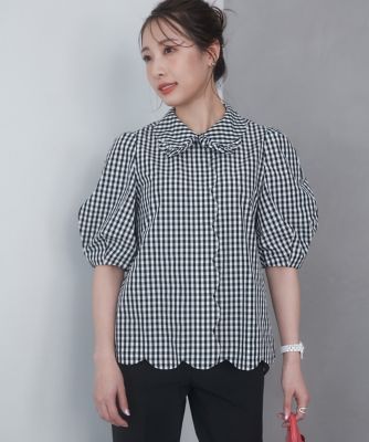 《大きいサイズ》甘モードなスカラップチェックブラウス《Ｍ　Ｍａｇｌｉｅ　ｌｅ　ｃａｓｓｅｔｔｏ×冨張愛》（５１４２１８２５０６）