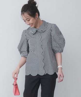 《大きいサイズ》甘モードなスカラップチェックブラウス《Ｍ　Ｍａｇｌｉｅ　ｌｅ　ｃａｓｓｅｔｔｏ×冨張愛》（５１４２１８２５０６）