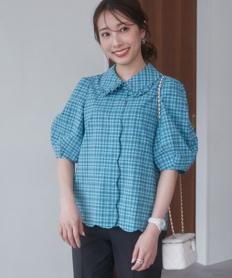 《大きいサイズ》甘モードなスカラップチェックブラウス　《Ｍ　Ｍａｇｌｉｅ　ｌｅ　ｃａｓｓｅｔｔｏ×冨張愛》（５１４２１８２５０７）