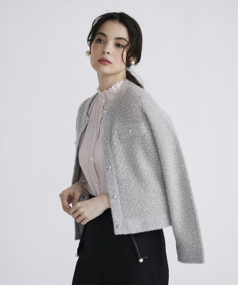 極美品☆マーリエルカセット　大きいサイズ　ツイード風ニットジャケット　白　17 大きいサイズ》ラメフェザーニットジャケット（5144178816