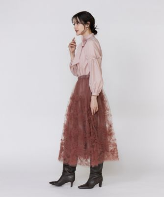 大きいサイズ》手描き花刺繍チュールスカート