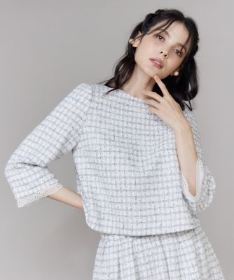 M Maglie le cassetto》袖刺繍レース艶めきツィード