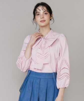 ◆美品・ほぼ未使用◆OHGA LACE レースブラウス　ピンク レースレディース Lace Ladies フリル 長袖ブラウス （ピンク