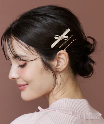 リボンヘアクリップ3点セット｜輝くビジューとパールの大人可愛い