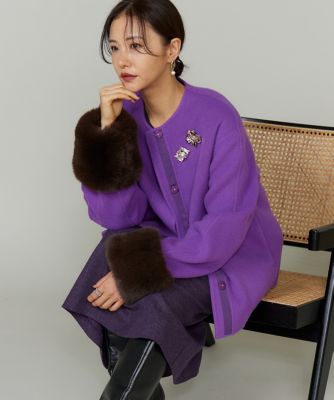 パープル トレンチコート ブラックファー襟 45th限定企画》ファー付きクルーネックリバーコート