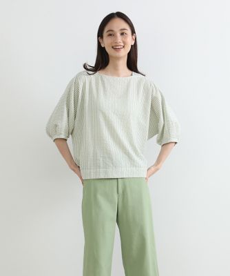 【美品】 ティッカ  日本製　ストライプ ボートネック トップス　ブラウス 楽天市場】T/Cストライプボートネック5分袖ブラウス 【メール便
