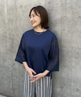 《大きいサイズ》袖レースドッキングカットソー（７０３２１９０８２５）