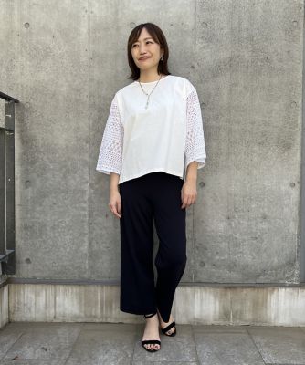 《大きいサイズ》袖レースドッキングカットソー（７０３２１９０８２５）