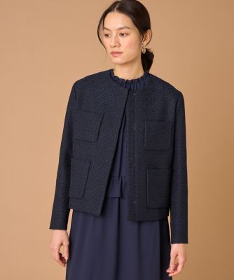 IENA ノーカラー ジャケット ツイード風 ブルー大きいサイズ 大きいサイズ》ツイードノーカラージャケット（7061141807