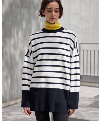 ＜INED L (Women/大きいサイズ)＞《大きいサイズ》ハイツイストコットンボーダーニット（７１２４１７０８２８）