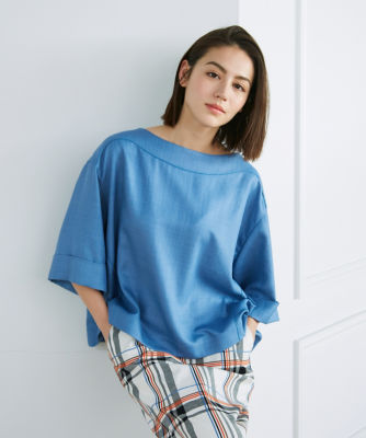 極美品 イネド INED 日本製 リネンストライプブラウス 麻100% ブルー系 リネンライクワイドブラウス（7132182045） | INED