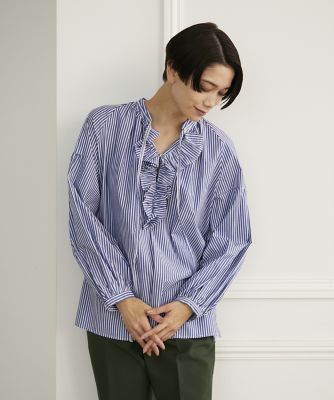 ＜INED (Women)＞スタンドフリルストライプブラウス（７１３３１８２０１２）