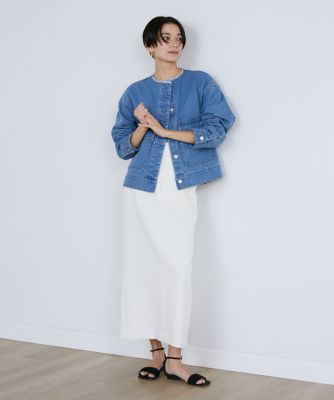 大きいサイズ》ノーカラーデニムジャケット