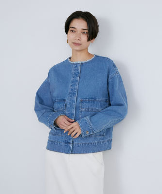 イウエンマトフ◎25SS ノーカラーデニムジャケット リネンデニムジャケット】凛とした存在感をまとう ノーカラー
