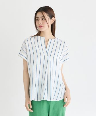 ＜INED L (Women/大きいサイズ)＞《大きいサイズ》リネンストライプ半袖スキッパーブラウス（７１４２１８２８２７）