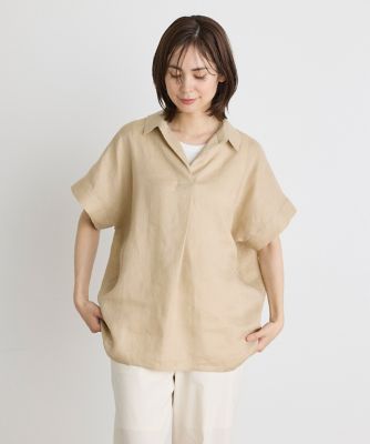 《大きいサイズ》半袖プルオーバーリネンブラウス（７１４２１８２８３８）
