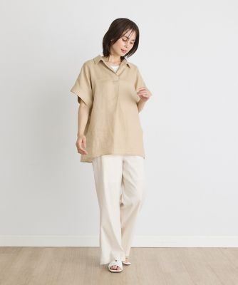 《大きいサイズ》半袖プルオーバーリネンブラウス（７１４２１８２８３８）
