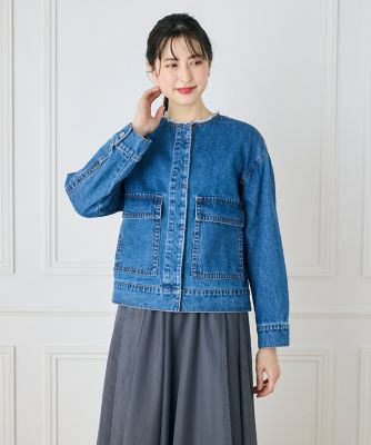《大きいサイズ》ノーカラーデニムジャケット（７１４３１４４８１２）