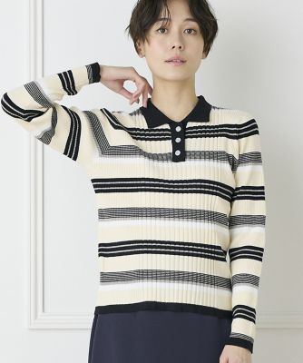 ＜INED (Women)＞《ＩＮＥＤ　ＣＬＡＲＯ》マルチボーダーポロニット（７１４４１７０５３３）