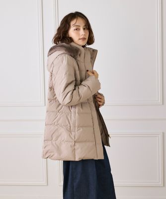 イネド フード ファー ダウン コート ショート ミドル ネイビー 11号 L WEB限定》ミドル丈 フェイクファーフードダウンコート｜INED（イネド