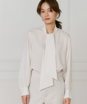 【極美品】イネド INED ダブルクロスボウタイブラウス 9号 ネイビー　とろみ ブラウス トップス ボウタイブラウス スカーフ柄 とろみシャツ