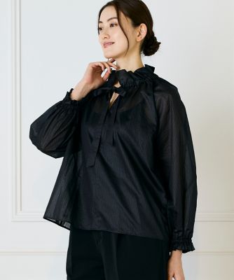 ＜INED (Women)＞シャドーボーダーフリルボウタイブラウス（７１５３１８２０１１）