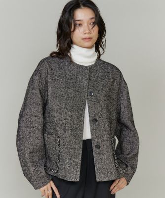 ノーブル⭐︎ビックヘリンボーンショートコート 大きいサイズ》ヘリンボーン柄ノーカラーショートコート