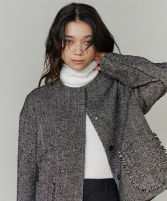 ノーブル⭐︎ビックヘリンボーンショートコート 大きいサイズ》ヘリンボーン柄ノーカラーショートコート