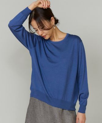 Rib クルーネックプルオーバー ネイビー　美品 gicipi｜ウール シルク リブ ロングスリーブ ニットソー プルオーバー