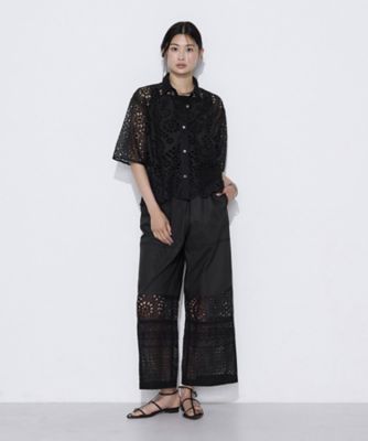 黒 レザー ワイドシルエットパンツ　ニッカポッカ烏天狗　OKANO 中古 ボタニカル幾何刺繍 ワイドパンツ（0117PO08） | COMME CA