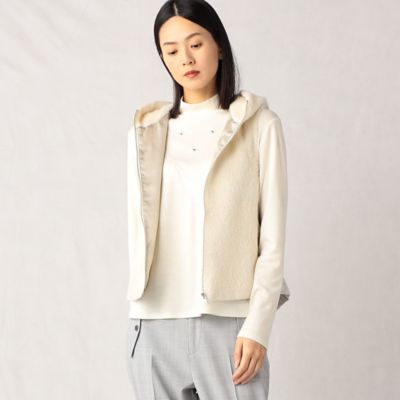 ARTISAN◆アルパカシャギー×キルティングフード付ベスト/キルティングベスト/9/アルパカ/BLK/無地 アルパカシャギー×キルティング フード付きベスト
