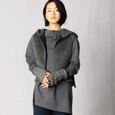 ARTISAN◆アルパカシャギー×キルティングフード付ベスト/キルティングベスト/9/アルパカ/BLK/無地 アルパカシャギー×キルティング フード付きベスト