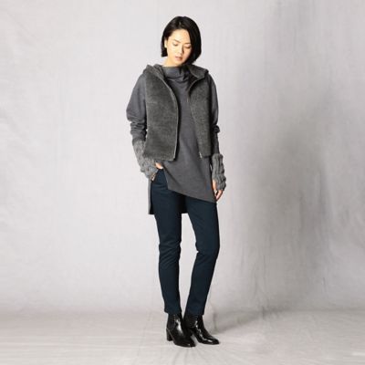 ARTISAN◆アルパカシャギー×キルティングフード付ベスト/キルティングベスト/9/アルパカ/BLK/無地 アルパカシャギー×キルティング フード付きベスト