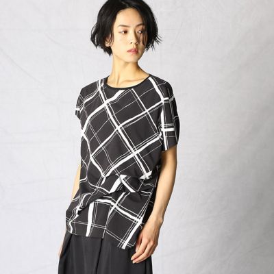 手描き風チェックプリント　変形タックＴシャツ（０８２０ＥＴ１７）