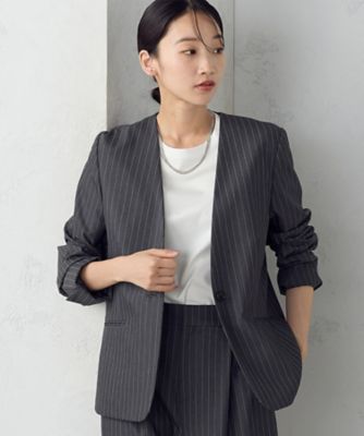 ＜COMME CA ISM (Women)＞【セットアップ対応】　ポリエステルレーヨンストレッチツイル　ストライプ　ノーカラージャケット（１２０９ＧＩ０９）