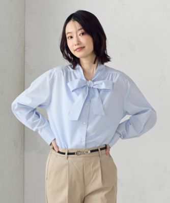 ✨未使用級✨ミズイロインド ボウタイブラウス コットン 近年モデル シェルボタン ポリエステルコットンブロード ボウタイブラウス（1215IK07