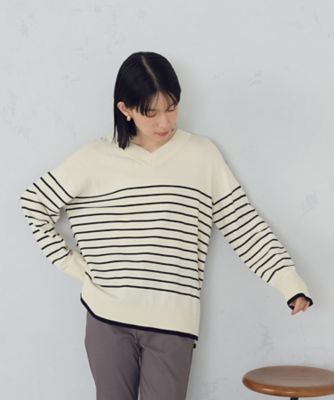 ＜COMME CA ISM (Women)＞【ウォッシャブル】ベーシック　ボーダーＶネックオーバーサイズニット（１２７４ＫＭ０７）